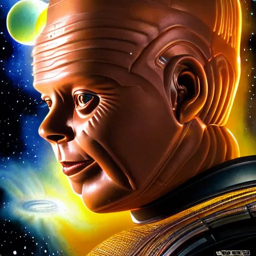 Image similar to uhd photorealistic cosmic kryten floating in space, surrounded by smeg. amazing detail, correct face, symmetrical face, by karol bak and zawadzki, bokeh hyper detailed. intricate details with global lighting.