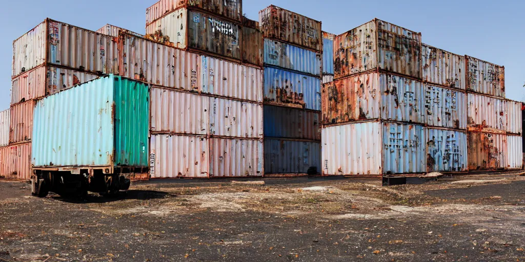 Image similar to an abandoned city hall with the door being covered by some maersk shipping containers