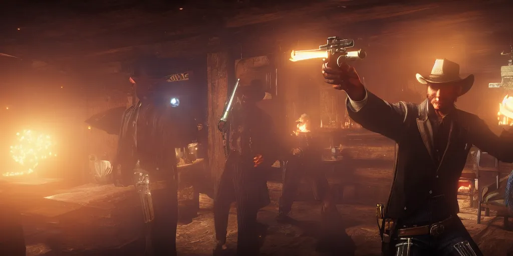 Image similar to a futuristic cowboy holding a glowing revolver to his enemies in a wild western bar, red dead redemption 2, trending on artstation, digital art, award winning, cinematic lightning, ray tracing, 8k, Highly Detailed