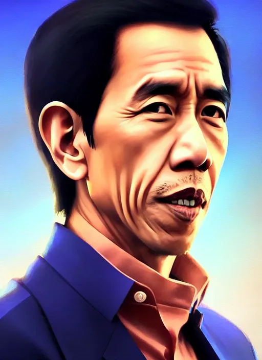 Image similar to a portrait of jokowi, fine - face, realistic shaded perfect face, fine details. blue - ish cosmic setting. very anime style. realistic shaded lighting poster by ilya kuvshinov katsuhiro, raden saleh, basuki abdullah, jeremy lipkin and michael garmash, rob rey and kentaro miura style, trending on art station