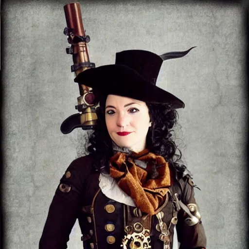 Prompt: photo of a female steampunk musketeer