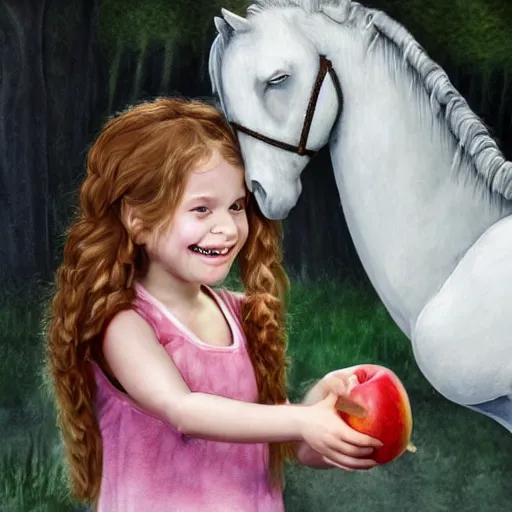 Image similar to a portrait of a little girl feeding an apple to a skeleton horse, the girl looks happy and have bright eyes and a porcelain face, matte painting 3 d watercolour rendering,