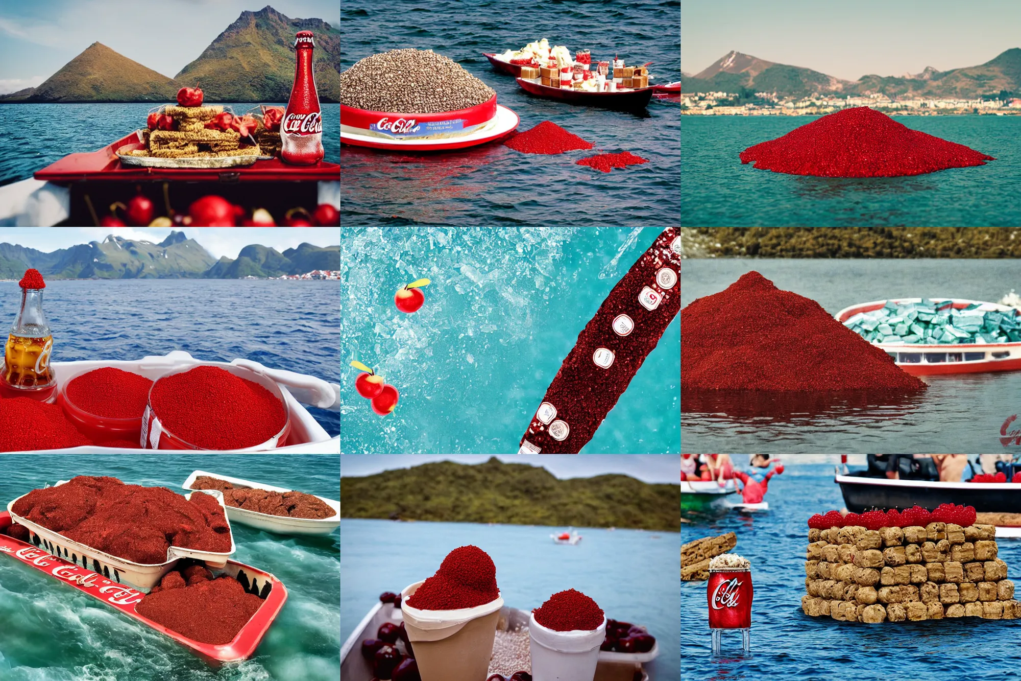 Image similar to an island made of food, around the island instead of water coca - cola ( dark brown ), instead of sand red caviar, instead of mountains ice cream with cherries, photo taken from a boat, 3 5 mm, cinematic