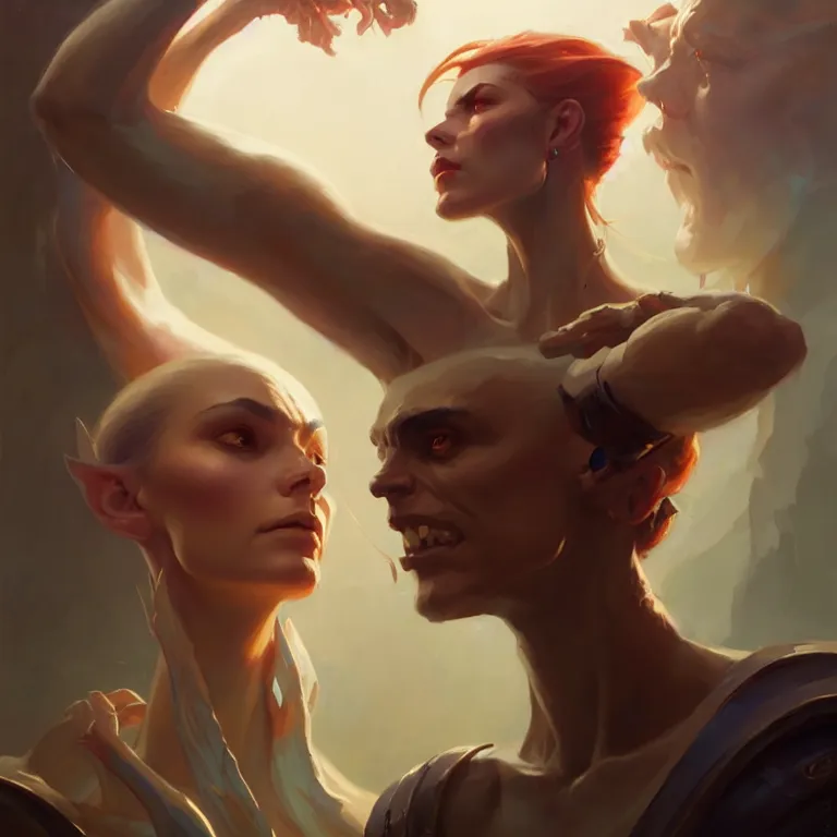 Image similar to a portrait of a stunning humanoid, by mandy jurgens and pete mohrbacher and greg rutkowski, in frame, low angle, detailed facial features, fantasy, d & d