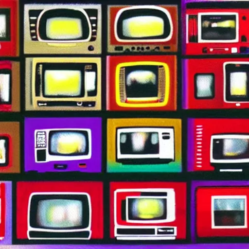 Prompt: array of crt televisions made out of fur, tv static, antenna, stacked, polaroid, steroids, adult video store, impressionist painting, painting, acrylic painting, cell shaded