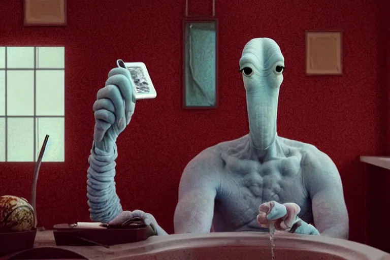 Image similar to hyperrealism aesthetic ridley scott and denis villeneuve style photography of a detailed giant squidward, siting on a detailed ultra huge toilet and scrolling his smartphone in hyperrealism scene from detailed art house movie in style of alejandro jodorowsky and wes anderson