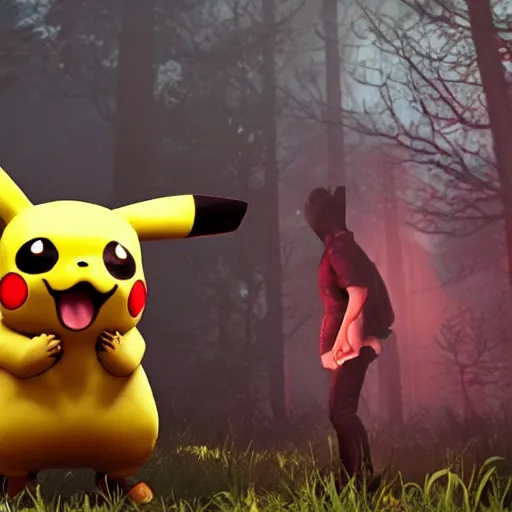 Prompt: 3 d realistic pikachu eating a survivor from the game dead by daylight, dark lighting and heavy fog, videogame screenshot of mori animation