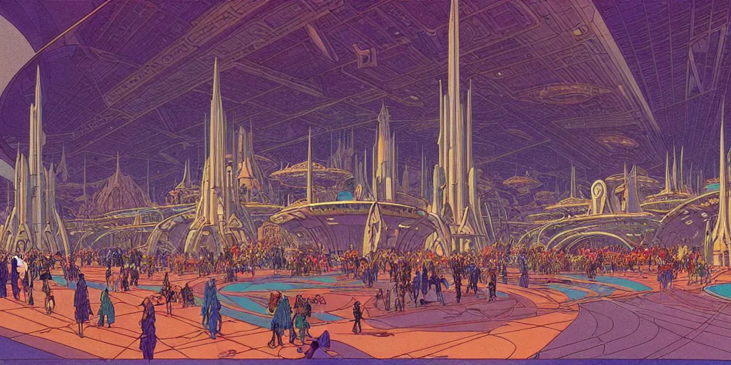 Image similar to cel shaded cinematic shot of the interior of a sci-fi space station with ornate Elven architecture bustling with people, epic castle, emerald, crystalline, detailed illustration, sharp focus, crisp lines, art by Moebius!!!, Jean Giraud Moebius!!! comic illustration