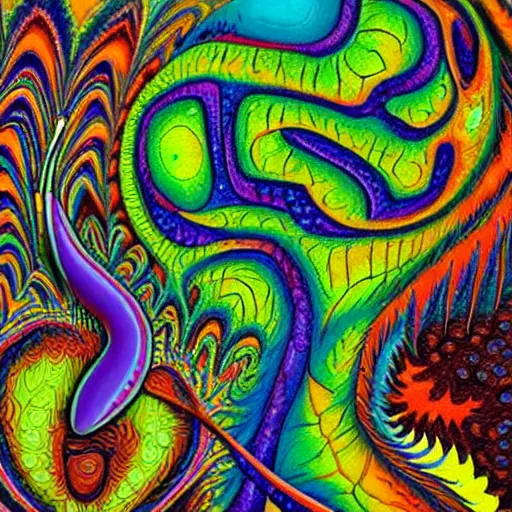 Prompt: a trippy colorful oil painting of a lizzard on a rock. psychedelic. dmt. fractals.