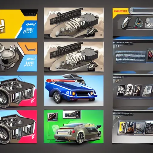 Prompt: car engine, car parts concept, card, comic page, realistic fortnite, ui card, Hyperrealism