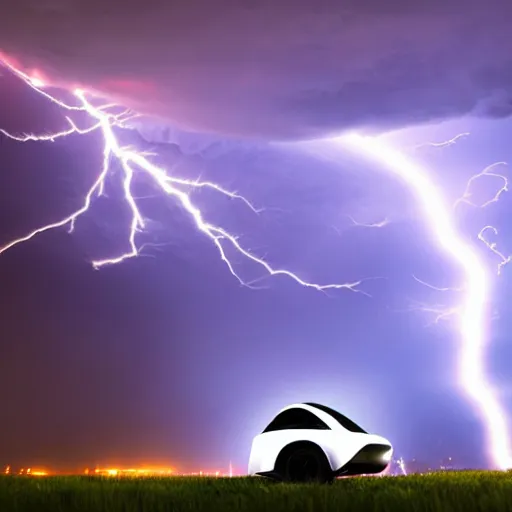 Image similar to futuristic flying car emerging from a circle of lightning in the sky, thunderstorm at night, 28mm dramatic photo