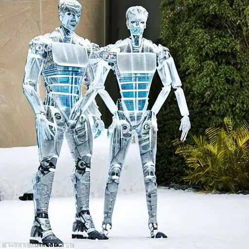 Image similar to made of ice, a realistic detailed photo of a guy who is an attractive humanoid who is half robot and half humanoid, who is a male android, on display, blank stare, showing off his muscles, shiny skin, posing like a statue, by the pool, frozen ice statue, f 1 driver max verstappen, humanoid robot