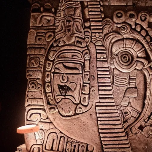 Prompt: mayan carving of dan akroyd piloting a ufo, national geographic, award winning