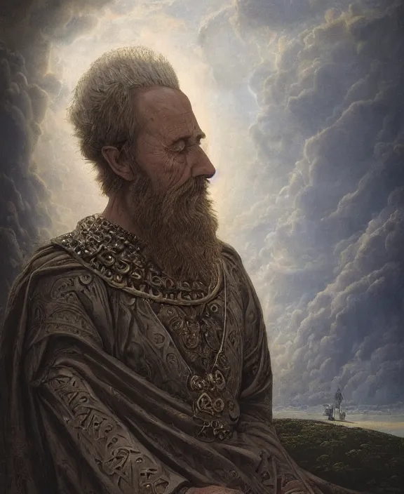 Image similar to a portrait of wisened philosopher king (an absolute monarch of his ancient european kingdom) resides on his throne, his gaze transfixed on the horizon of infinity, his mind contemplating eternity, highly detailed hyperrealistic DnD portrait by Raffaello Ossola and Ross Tran and Zdzisław Beksiński, stunning detail, 8k, 4k