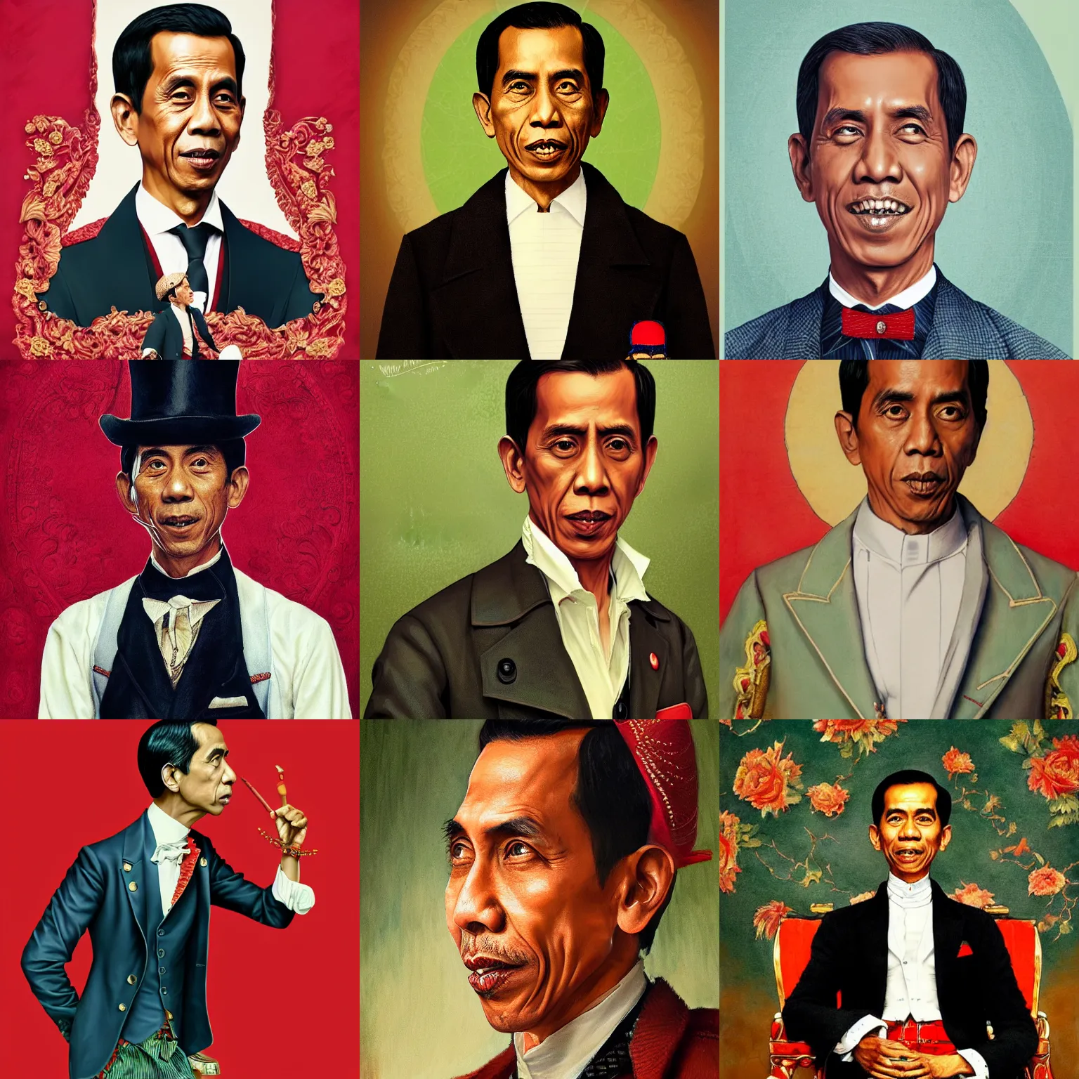 Prompt: a detailed portrait of a fashionable jokowi wearing a victorian outfit the style of william blake and norman rockwell, kubrick, crisp, vibrant color scheme, crisp, artstationhd