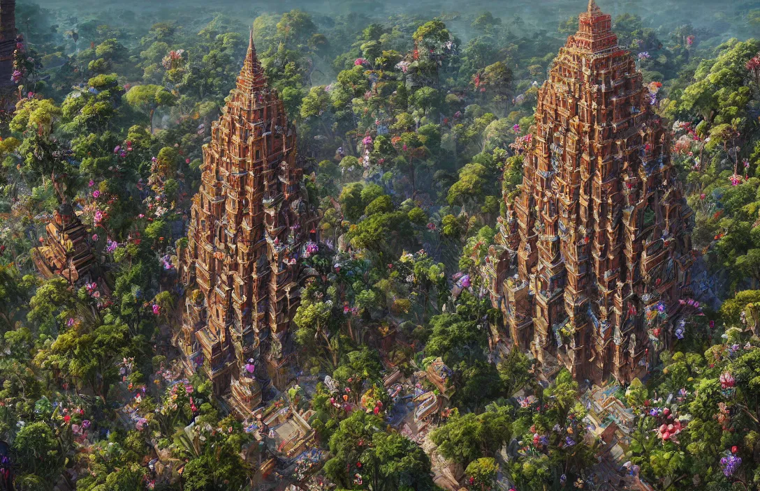 Prompt: a beautiful and highly detailed painting of a towering temple built on a world of massive scale bloom flora by sam spratt | wide angle | unreal engine :. 3