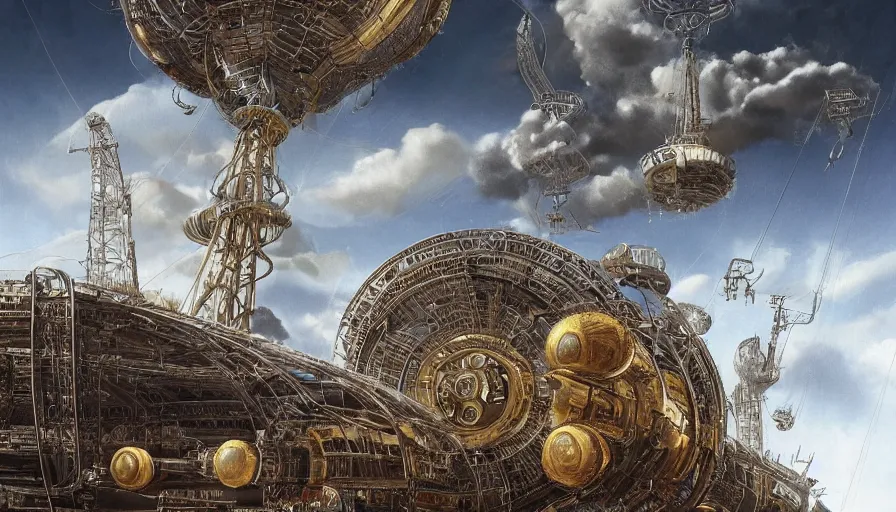 Image similar to an inflated stainless steel chrome gondola in the clouds, people are hanging by steel cables. Oil rigs in the sky. Intricate technical drawing. Mammatus clouds. Ornate, brilliant, utopian, detailed, Golden ratio, solarpunk technology by Lebbeus Woods and Craig Mullins