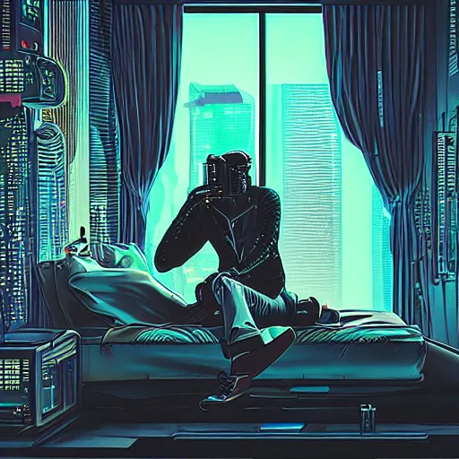 Prompt: a guy sitting on a bed in a room, cyberpunk art by Victor Mosquera, behance contest winner, panfuturism, darksynth, synthwave, retrowave