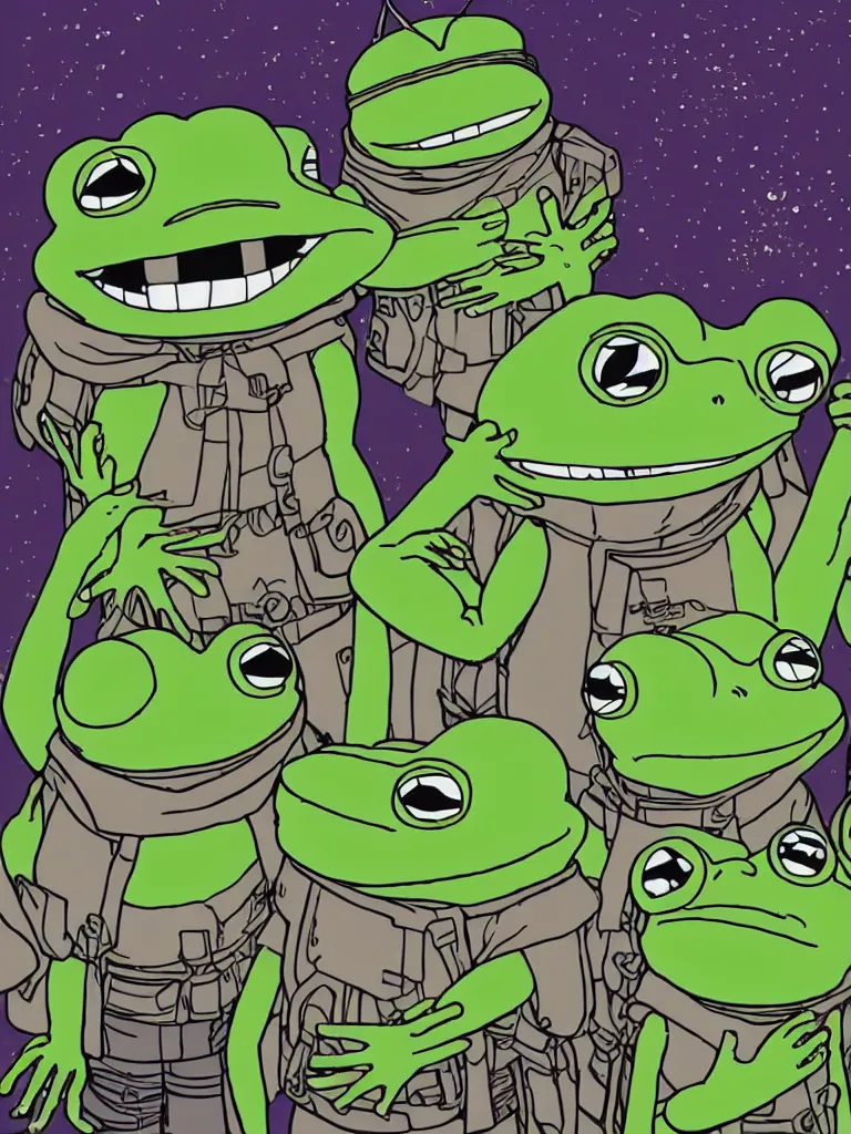 Prompt: resolution 4k the world is ending civilization at the end of time and space villagers of the golden city layer six of the abyss happiness in the smile of pepe the frog happiness of gods empire worlds of Akihito Tsukushi made in abyss design dark forest ivory dream like storybooks and rhyes wandering army of pepe the frog pepe the frog with family and friends in military uniforms happy eating the flesh of other frogs gore blood unrelenting suffering wholesome soft and warm primordial the value of despair uncertainty loss of the world and the death of love, pepe the frog , art in the style of Tony DiTerlizzi , Francisco de Goya and Akihito Tsukushi and Arnold Lobel