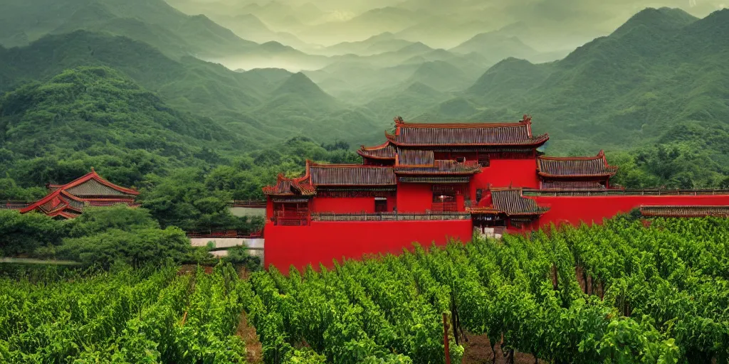 Image similar to A Chinese style winery with red walls and a green roof. The vineyards are sprawling and green, with a river winding through them. In the distance, there are mountains. by zhang zeduan, painting on silk, mi fu, immaculate scale, hyper-realistic, Unreal Engine, Octane Render, digital art, trending on Artstation, 8k, detailed, atmospheric, immaculate