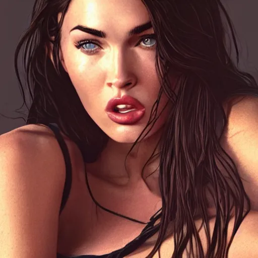 Image similar to megan fox sticking her tongue out. hyperrealistic portrait, photo realistic, poster, artstation, volumetric lighting, digital art, very detailed face by sam carr and by richard meril