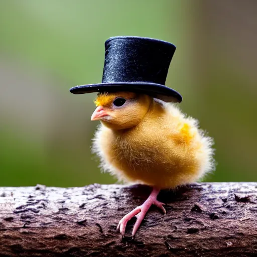 Prompt: a baby chick on a tree branch wearing a top hat while in the rain, close up, dslr photo