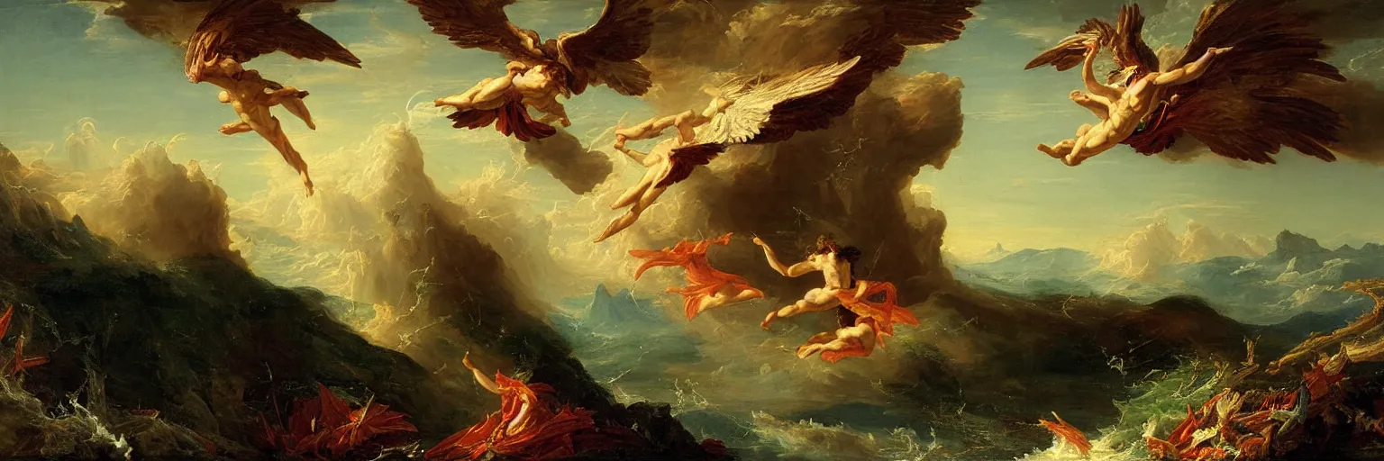 Image similar to an epic thomas cole naturalist style painting of icarus crashing and burning his chariot