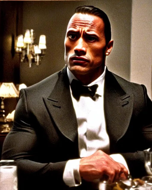 Image similar to film still close up shot of dwayne johnson as vito corleone from the movie the godfather. photographic, photography