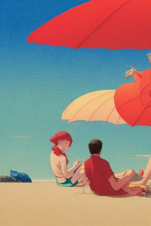 Image similar to a colorful nostalgic closeup portrait of two people floating on the beach, by kawase hasui, moebius, Edward Hopper and James Gilleard, Zdzislaw Beksinski, Steven Outram colorful flat surreal design, hd, 8k, artstation