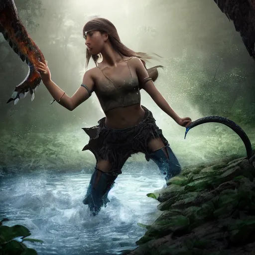 Image similar to Epic picture of a female faladin fighting a hydra near a jungle pond, hyper realistic, photo realistic, dynamic lighting, HDR, 4k, high detail, volumetric lighting, lens flare, trending at Artstation