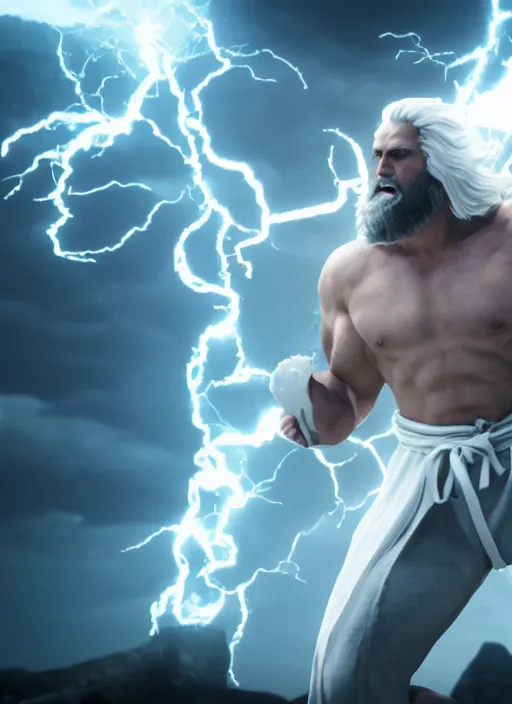 Image similar to zeus, god of thunder, greek god, white hair, powerful, upper body, white robe, in mortal kombat, splash art, movie still, cinematic lighting, dramatic, octane render, long lens, shallow depth of field, bokeh, anamorphic lens flare, 8 k, hyper detailed, 3 5 mm film grain