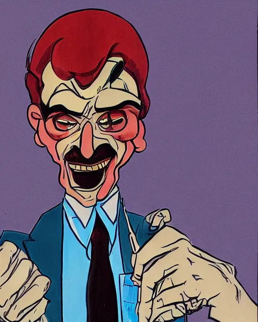 Image similar to villainous smug male antagonist in suit, fancy apartment, artwork by ralph bakshi