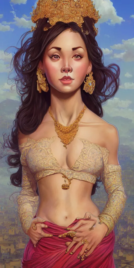 Image similar to wide angle full body portrait of I Dream of Jeannie, with a perfect face and perfect body, thin waist, pierced navel, intricate, single face, highly detailed, digital painting, artstation, concept art, smooth, sharp focus, illustration, Unreal Engine 5, 8K, art by artgerm and greg rutkowski and alphonse mucha