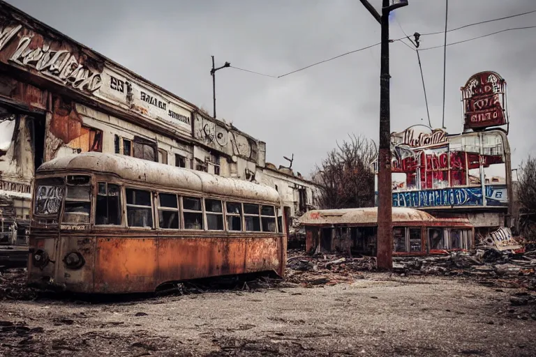 Image similar to low wide angle shot of dilapidated fallout 5 europa, temperate european hamlet, desolate, dilapidated neon signs, few rusted retro futuristic vintage parked vehicles like cars, buses, trucks, trams, volumetric lighting, photorealistic, daytime, autumn, sunny weather, sharp focus, ultra detailed, 4 0 0 0 k