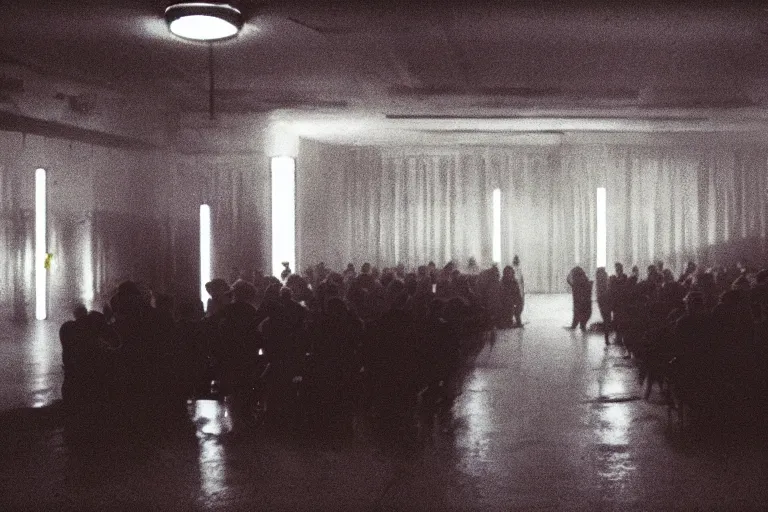 Image similar to back of a man facing a dark conference hall, people cheering at the atmospheric and obscure, red neon light, by roger deakins, cinematography, syd mead