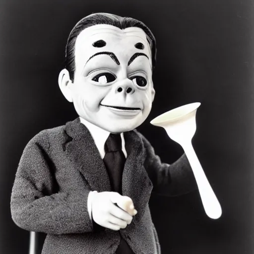 Image similar to slappy the dummy digging with a spoon in his hand, 8k photo