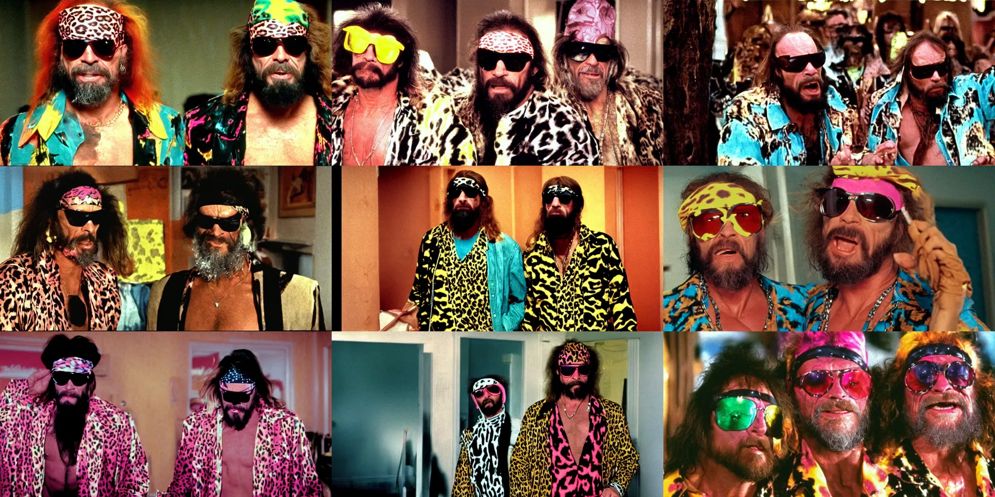 Prompt: Matcho Man Randy Savage, wearing sunglasses, neon leopard print clothes, in The Shining 1980, film still