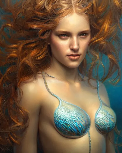 Image similar to mermaid portrait | highly detailed | very intricate | symmetrical | cinematic lighting | award - winning | closeup portrait | painted by donato giancola and mandy jurgens and charlie bowater | featured on artstation