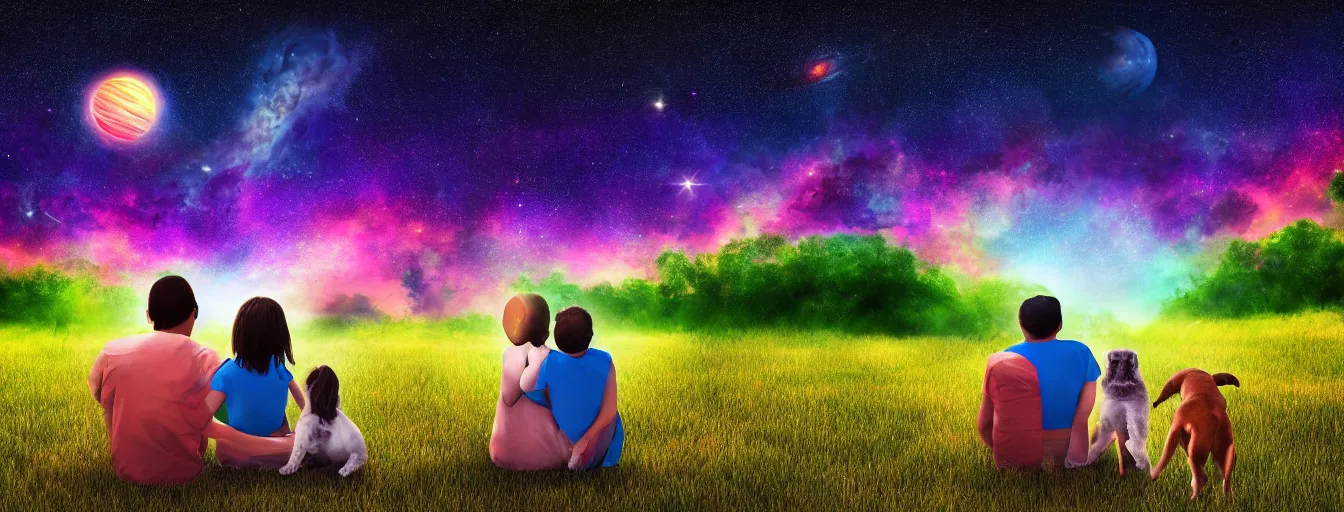 Prompt: rear view of a young couple and a kid holding hands, with a dog sitting next to them in a small green planet looking to the night sky displaying an entire colorful universe, digital art, epic, colorful, highly detailed