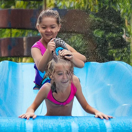 Image similar to a girl finds a snake on a water slide