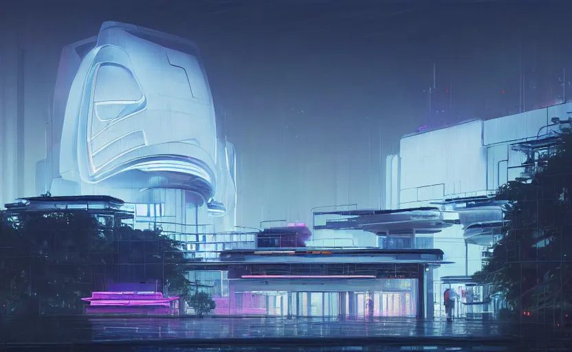 Prompt: painting of a wide angle exterior shot of a white modern futuristic cyberpunk architecture with neon lights in the middle of an english garden with cinematic lighting by peter zumthor and renzo piano, darek zabrocki and greg ruthkowski, alphonse mucha, simon stalenhag and cinematic and blue cold atmospheric, archillect concept art, artstation, trending on artstation