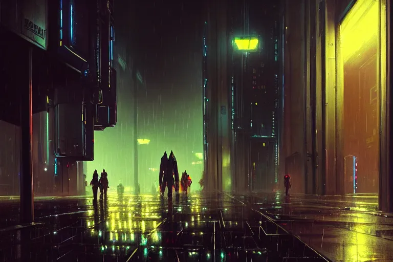 Image similar to gigantic cyberpunk megastructure, sidewalk, night, dramatic lighting, raining, chiaroscuro, high detail, painted by greg rutkowski, painted by igor kieryluk, painted by raymond swanland, trending on artstation