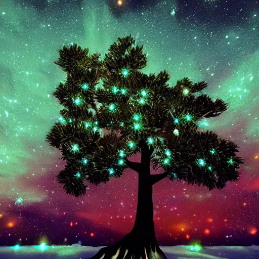 Prompt: dioptase crystal tree with a starry sky, 4 k, trending on artstation