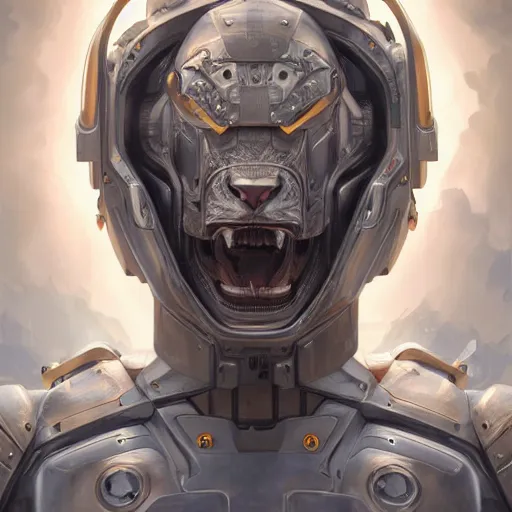 Prompt: portrait painting of a lion - headed cyborg with power armor, ultra realistic, concept art, intricate details, eerie, highly detailed, photorealistic, octane render, 8 k, unreal engine. art by artgerm and greg rutkowski and alphonse mucha