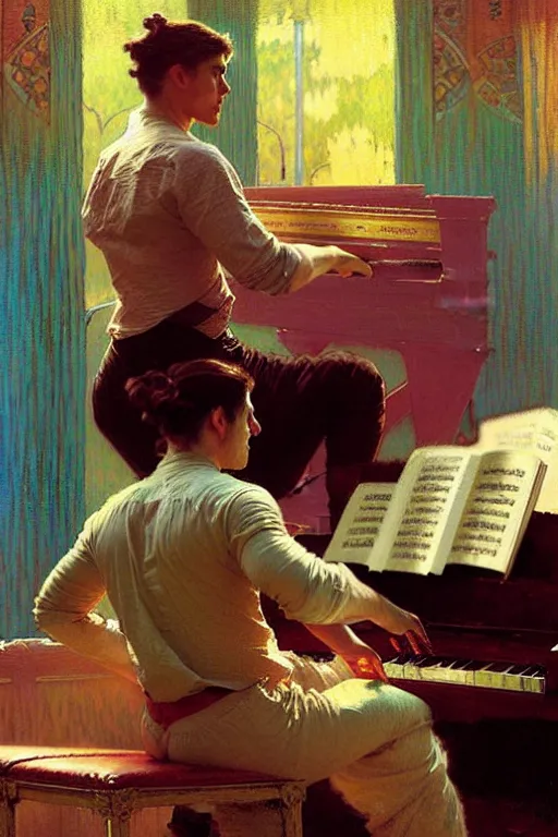 Prompt: attractive man playing piano, cool colors, painting by gaston bussiere, craig mullins, greg rutkowski, alphonse mucha