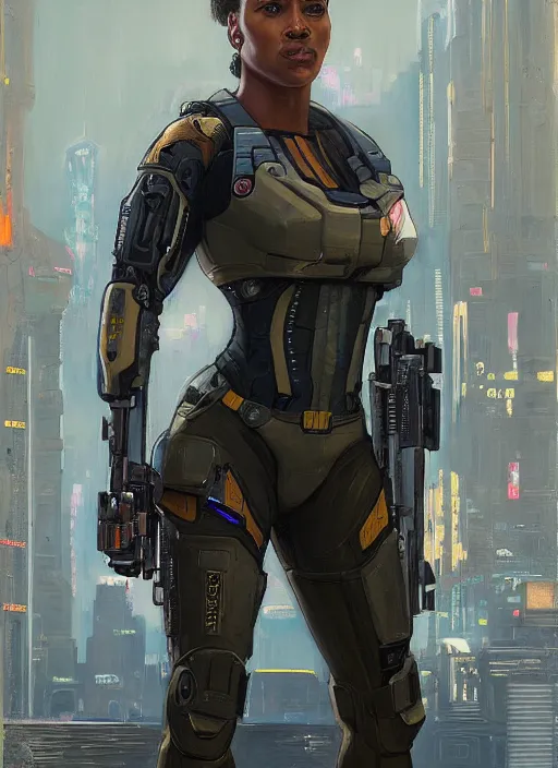 Image similar to Sgt. Sonya Igwe. Strong cyberpunk female USN marine wearing a military vest and military cyberpunk exo-suit (cyberpunk 2077, bladerunner 2049). gorgeous face. Iranian orientalist portrait by john william waterhouse and Edwin Longsden Long and Theodore Ralli and Nasreddine Dinet, oil on canvas. Cinematic, hyper realism, realistic proportions, dramatic lighting, high detail 4k