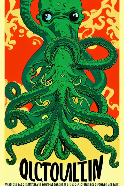 Prompt: a movie poster for the film (green Octopus and Cthulhu dancing) by Tom Whalen, highly detailed, award winning creature portrait, fantasy, artstation