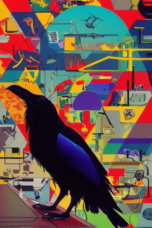 Prompt: a raven investigating 8 0 s era technology, vintage shapes, retro technology, happy color, wayne barlow, oil on canvas, deep depth of field, masterpiece, cinematic composition, hyperdetailed