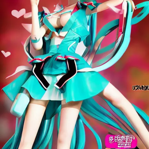 Image similar to Hatsune Miku full body pin up modeling a vocaloid idol unioform,with a park in the back ground,post war style,detailed face