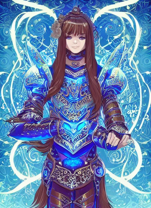 Prompt: a young woman in ornate, intricate glowing blue full plate armor. the armor glows, bursting with blue light. clean cel shaded vector art. shutterstock. behance hd by lois van baarle, artgerm, helen huang, by makoto shinkai and ilya kuvshinov, rossdraws, illustration, art by ilya kuvshinov